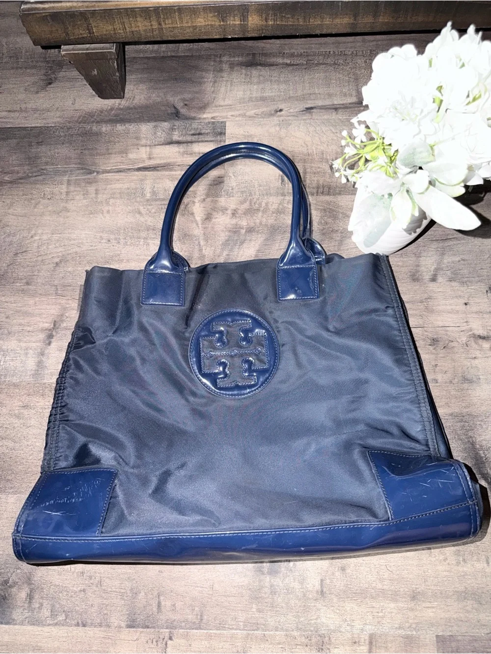 Tory Burch Ella classic Navy Logo Nylon Tote with Patent Trim